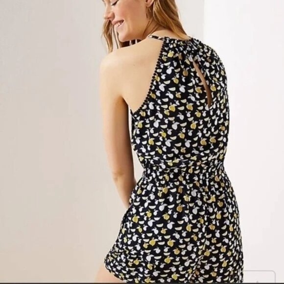 Ann Taylor Loft romper pom pom trim drawstring waist ruffle lemon halter - Picture 2 of 6